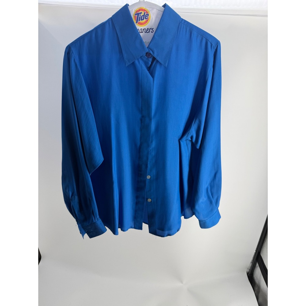 Chaus Petites Royal Blue Silk Blend Button Down Blouse Size 12P Long Sleeve Top
